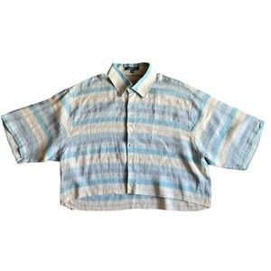 Lorenier Blue Stripe Short Sleeve Hawaiian Button Up Shirt Linen Women XL
